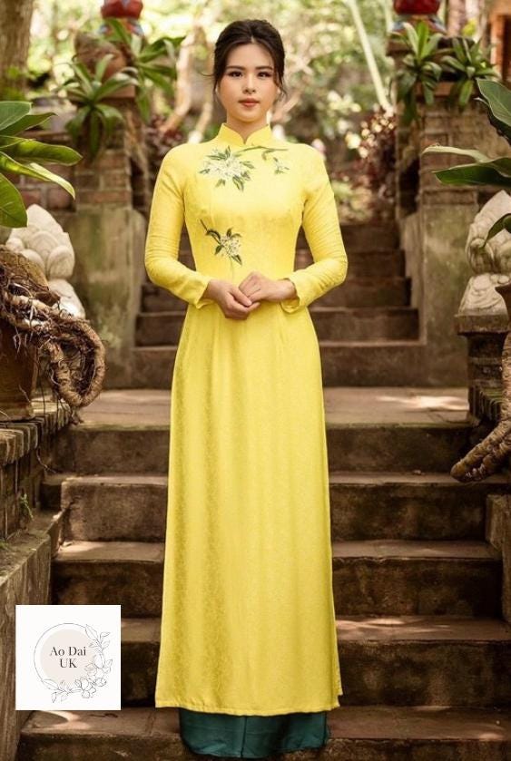 Luxury jacquard silk Ao dai - Ao dai truyen thong - Vietnamese traditional dress for women- Yellow