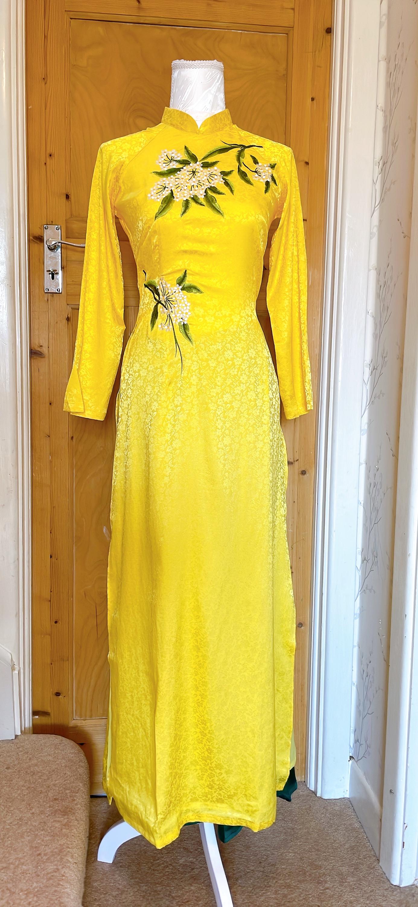 Luxury jacquard silk Ao dai - Ao dai truyen thong - Vietnamese traditional dress for women- Yellow