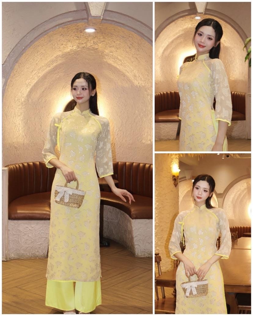 Women chiffon ao dai with velvet heart embossed pattern