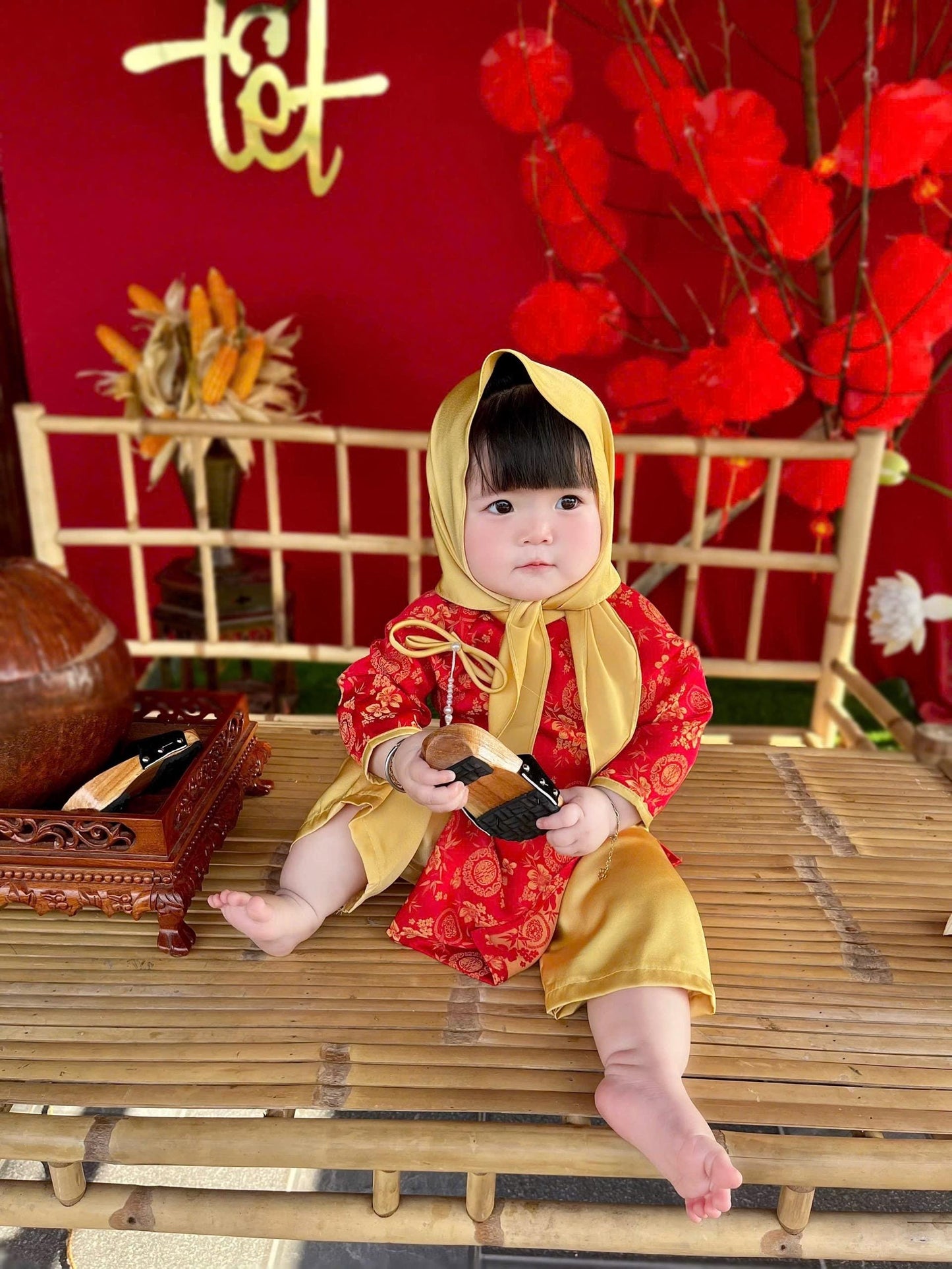 Thai Tuan baby, toddler silk ao dai and headband for girls- baby first ao dai