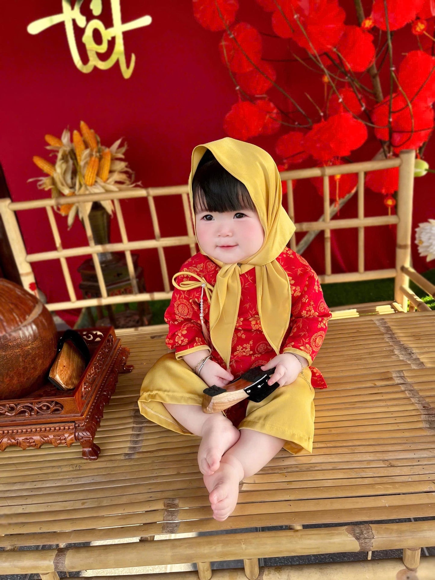 Thai Tuan baby, toddler silk ao dai and headband for girls- baby first ao dai