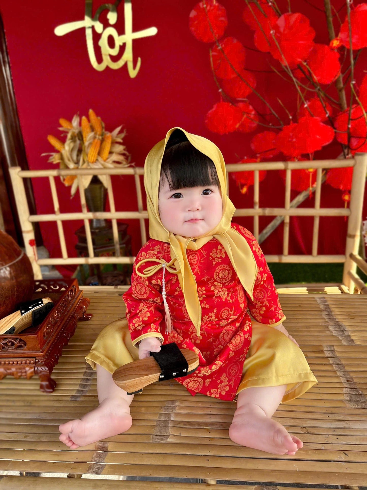 Thai Tuan baby, toddler silk ao dai and headband for girls- baby first ao dai