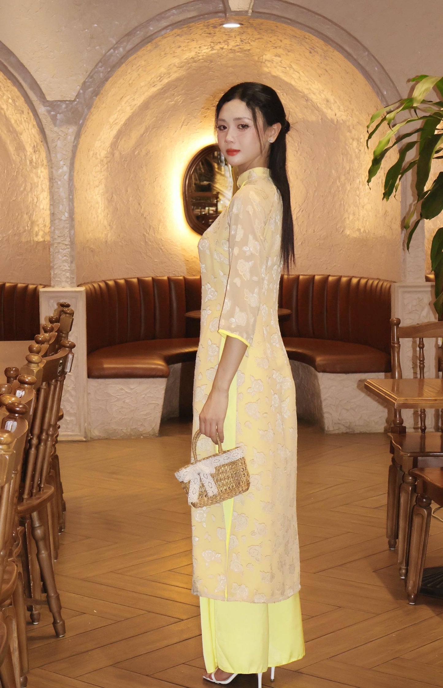 Women chiffon ao dai with velvet heart embossed pattern