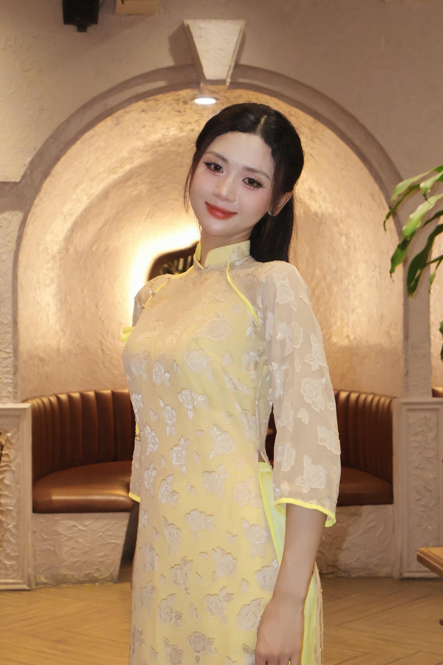 Women chiffon ao dai with velvet heart embossed pattern