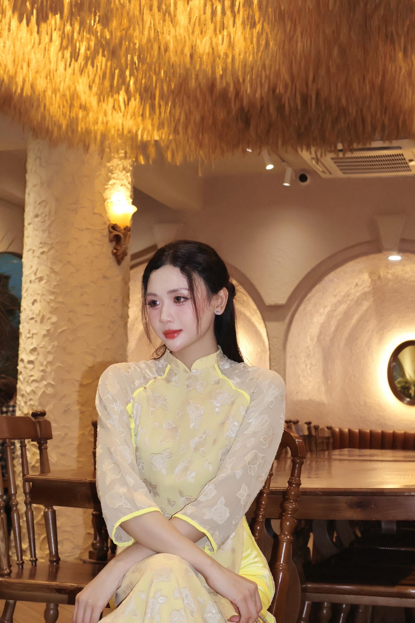 Women chiffon ao dai with velvet heart embossed pattern