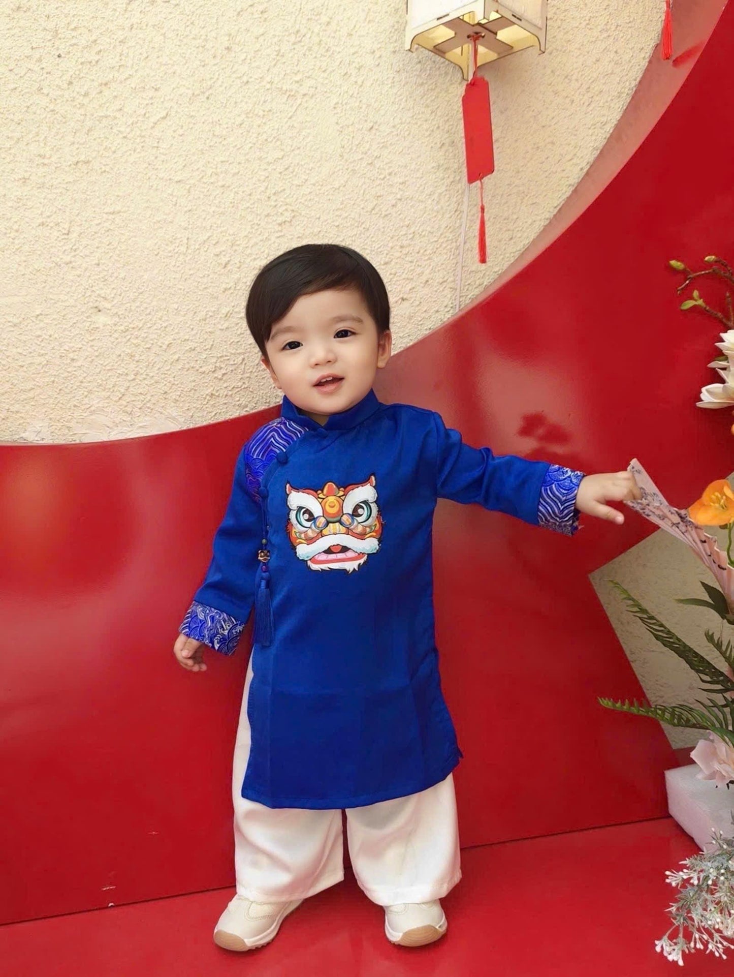 Silk ao dai and headband- Baby, toddler, boys newborn ao dai 0- 8Y - baby first ao dai