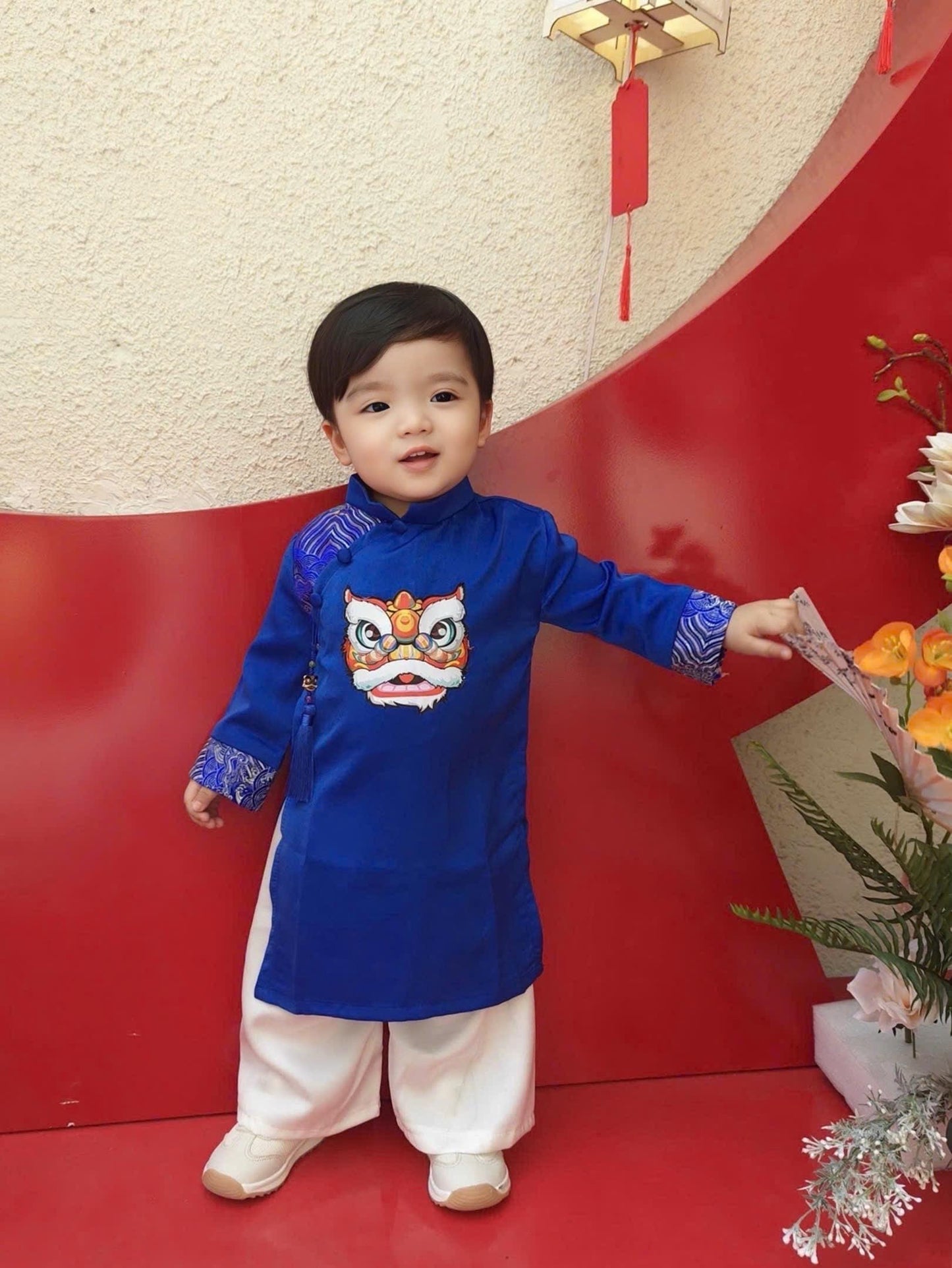 Silk ao dai and headband- Baby, toddler, boys newborn ao dai 0- 8Y - baby first ao dai