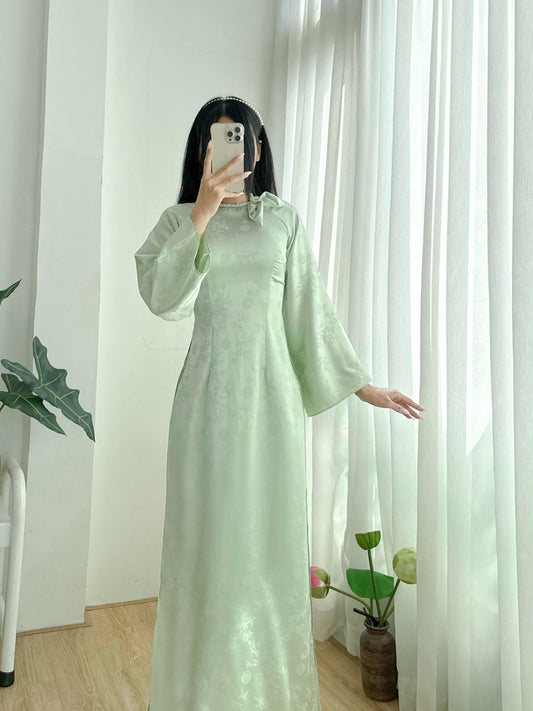 Luxury jacquard silk Ao dai - Ao dai truyen thong - Vietnamese traditional dress for women- Green